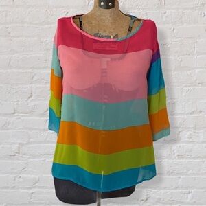 Peaches n Cream Pink Blue Orange Sheer Striped Open Keyhole Back Top 3/4 Sleeve